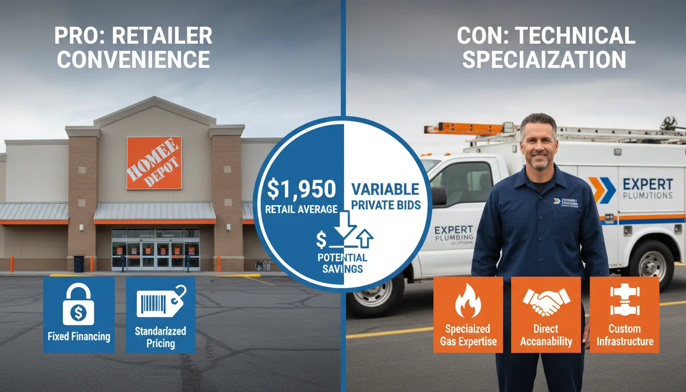 A split-screen comparison showing a big-box retail store entrance next to a local licensed plumber’s service van, highlighting the choice between retail installation services and private contractors.