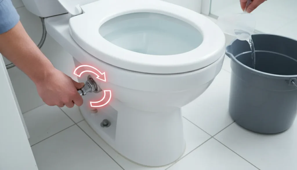A professional plumber's hand turning a chrome water supply valve clockwise behind a toilet to prevent a high water overflow during a clog.