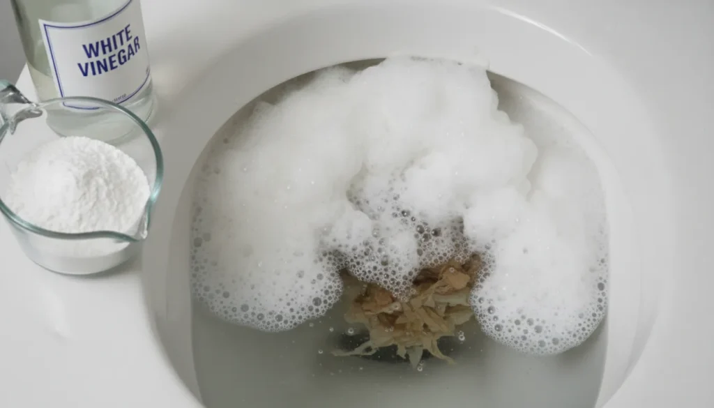 White baking soda and clear vinegar being added to a toilet bowl to create a chemical fizzing reaction for dissolving a clog.