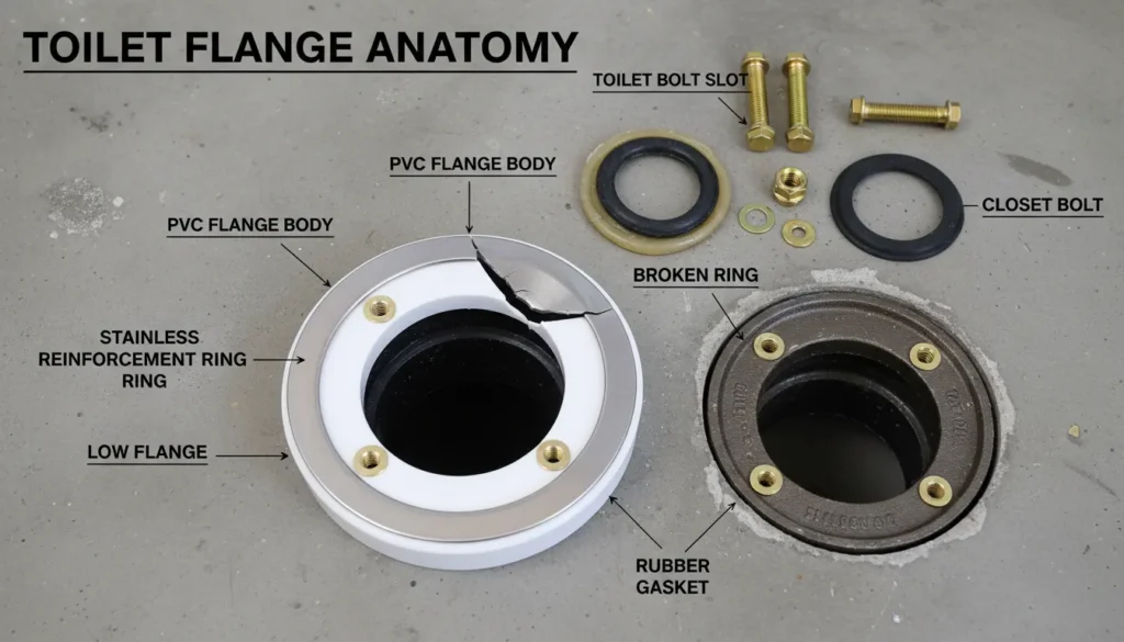 Toilet Flange Repair diagram showing the stainless steel ring and closet flange components
