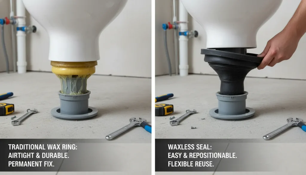 Toilet Flange Repair comparison between traditional wax ring and waxless rubber seal