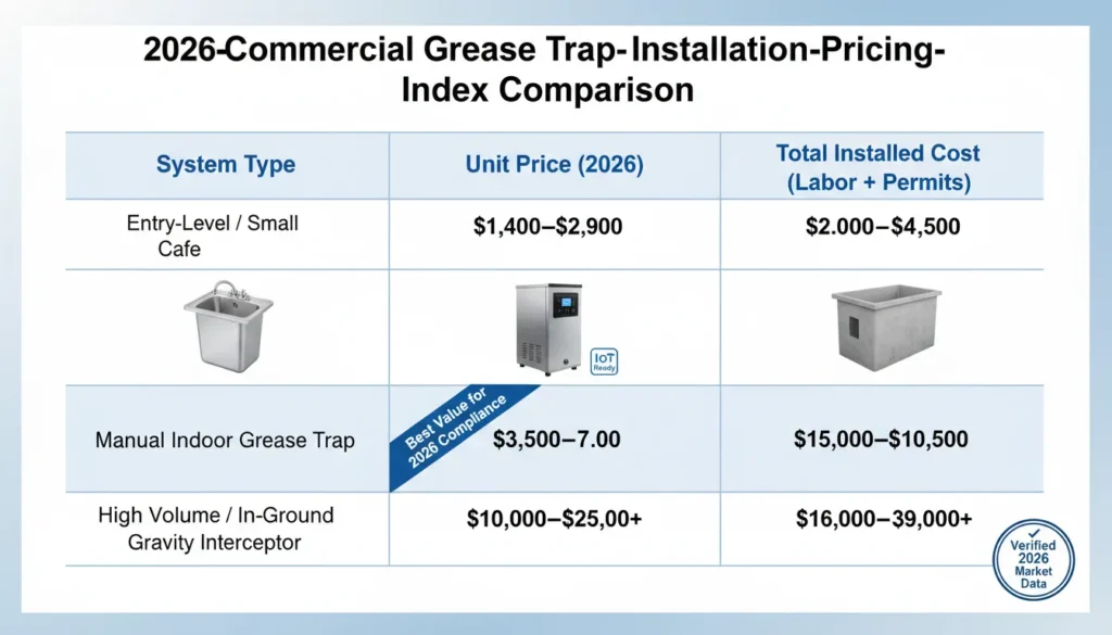 A comprehensive 2026 pricing index table comparing installation costs for manual indoor grease traps, automatic grease removal units (AGRU), and large outdoor gravity interceptors including labor and permit fees.