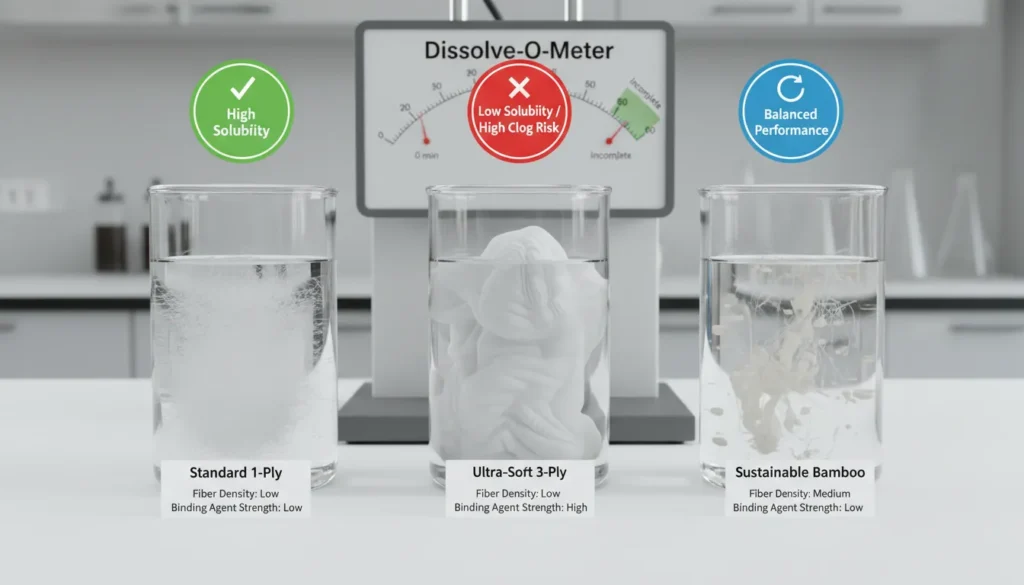 A professional horizontal laboratory comparison showing the physical breakdown of standard 1-ply, quilted 3-ply, and sustainable bamboo toilet paper in water after five minutes.