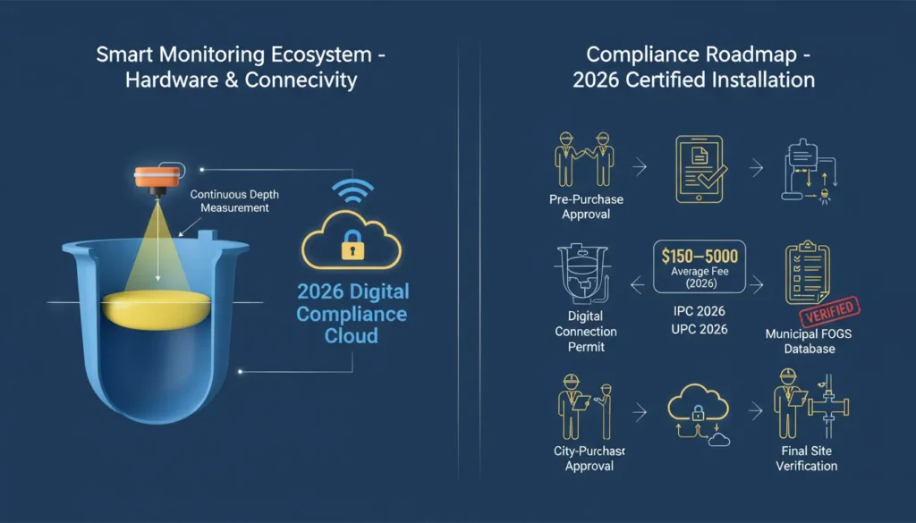 A professional flowchart illustrating the 2026 FOGS compliance process, showing the liaison between a restaurant owner, a licensed plumber, and a Municipal FOGS Program Officer for grease trap permit approval.