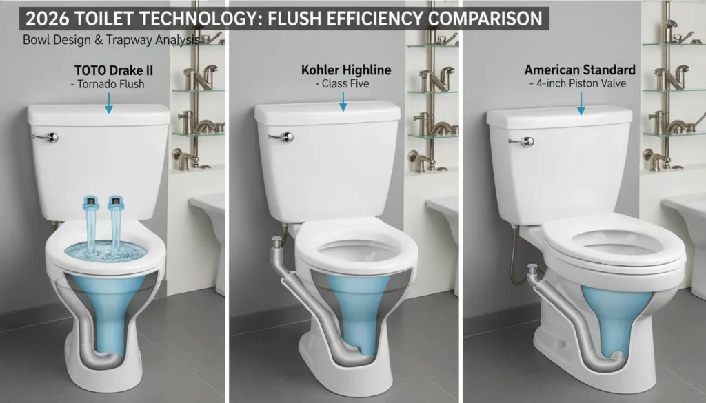 Toilet Bowl Reviews 2026 comparison chart of TOTO Drake II vs Kohler Highline and American Standard Champion 4