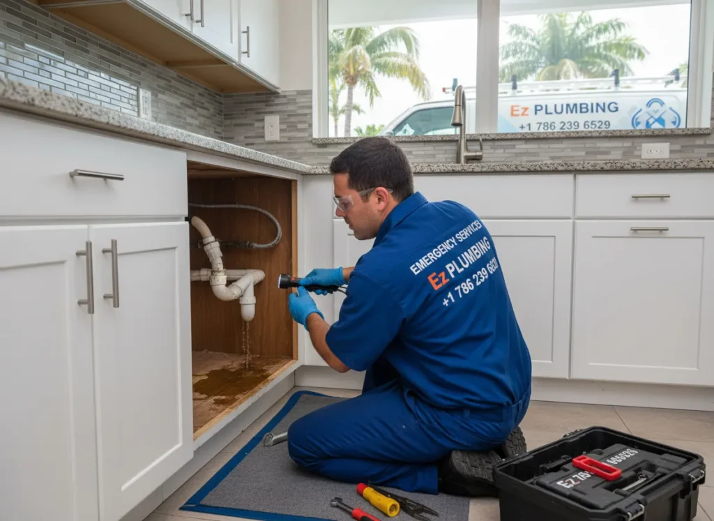 Ez Plumbing technician providing 24/7 emergency leak repair service for a kitchen pipe burst in a Miami home.