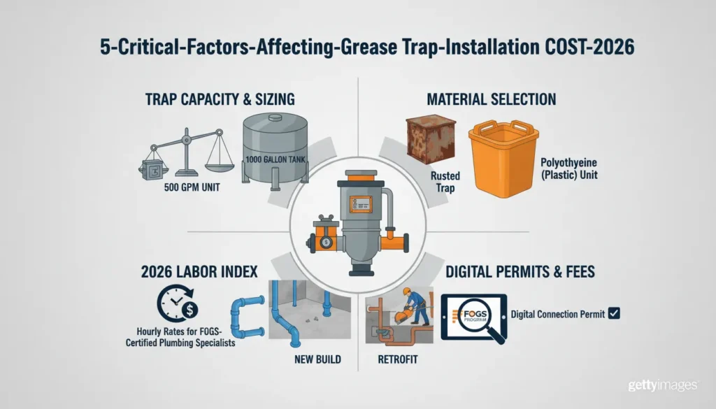 An educational infographic diagram highlighting five critical factors of grease trap installation costs, including unit capacity, material durability, labor inflation, digital permitting fees, and site complexity
