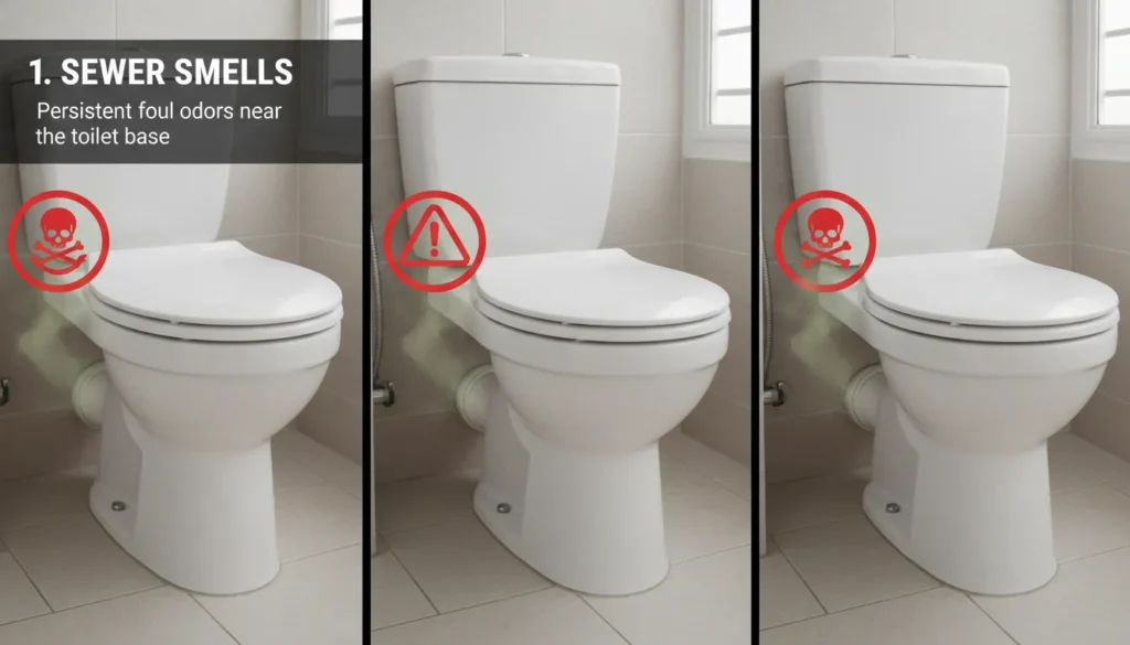 Toilet Flange Repair signs showing water at base and wobbly toilet symptoms