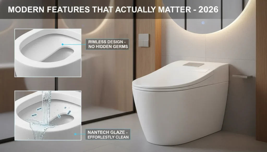 Modern features in 2026 toilet bowl reviews including rimless cleaning technology and nanotech glazes.