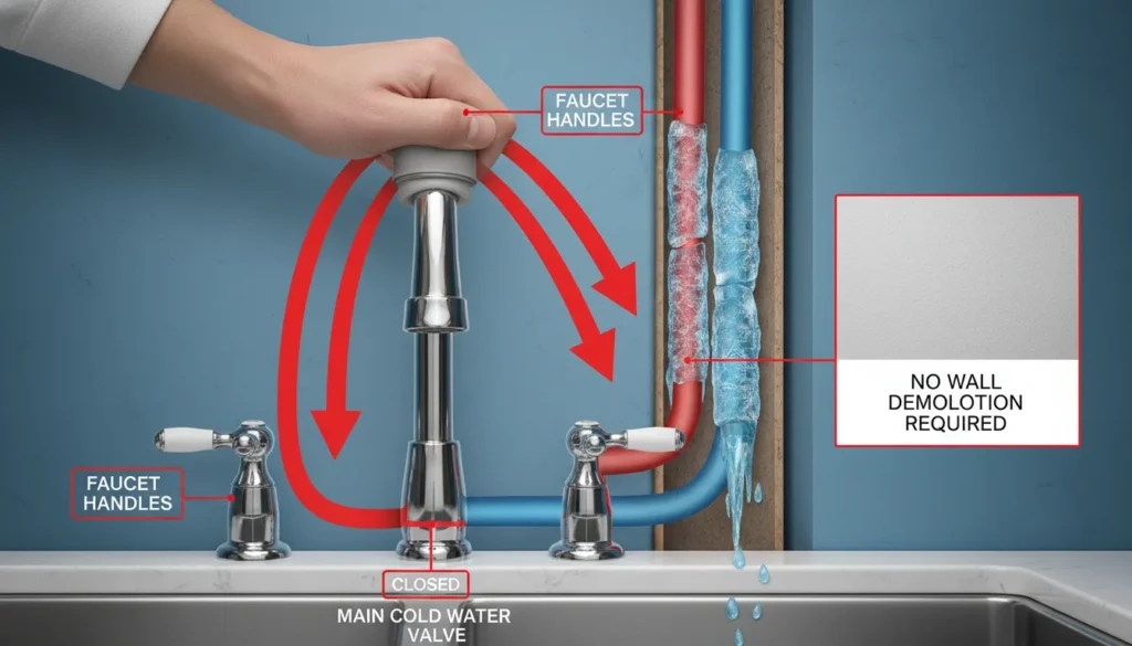 technical plumbing diagram demonstrating the backflow hack where hot water is redirected into a cold water line to melt ice inside a wall without cutting the sheetrock.