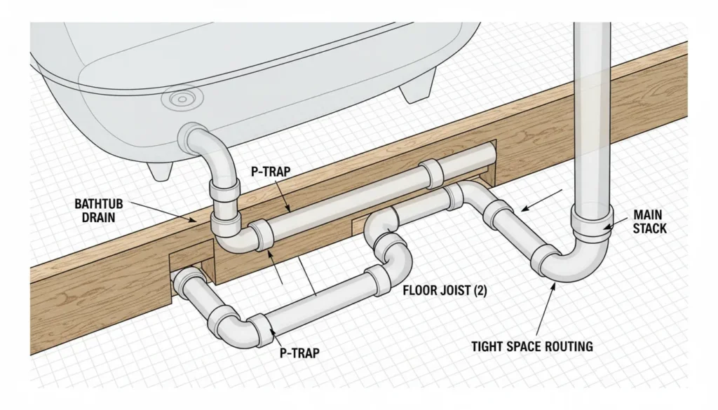 Bathtub drain layout diagram for tight spaces avoiding floor joists