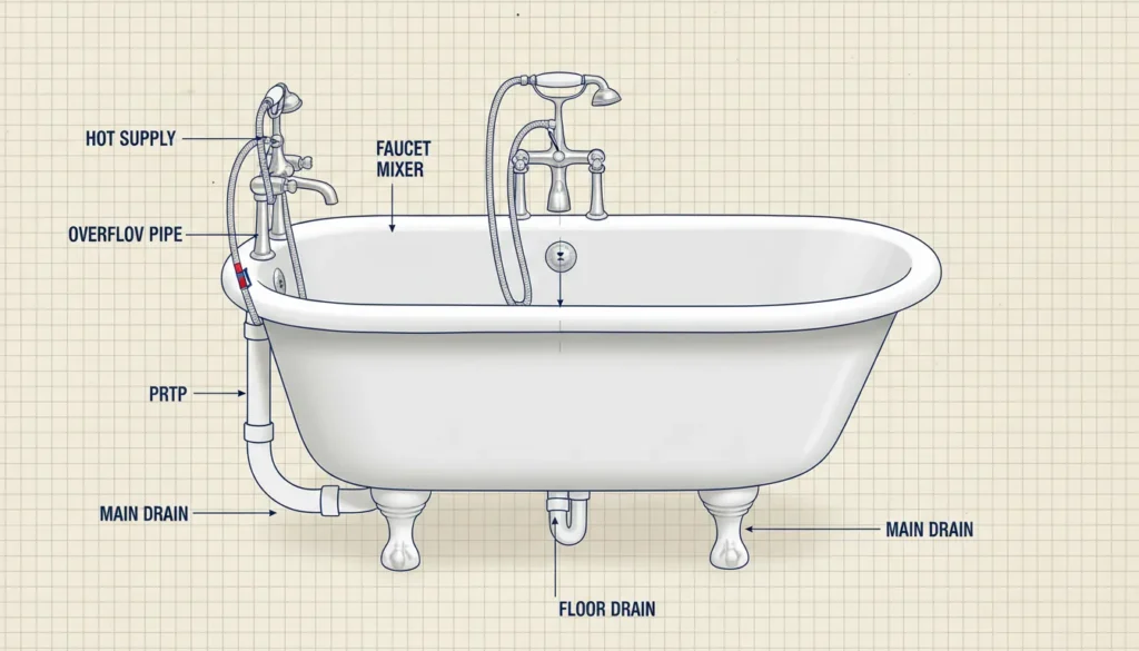 Complete Bathtub Plumbing Diagram showing drain, overflow, and supply lines