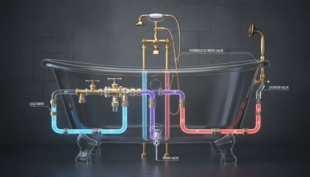 Internal bathtub plumbing diagram showing water flow path and valve mechanics