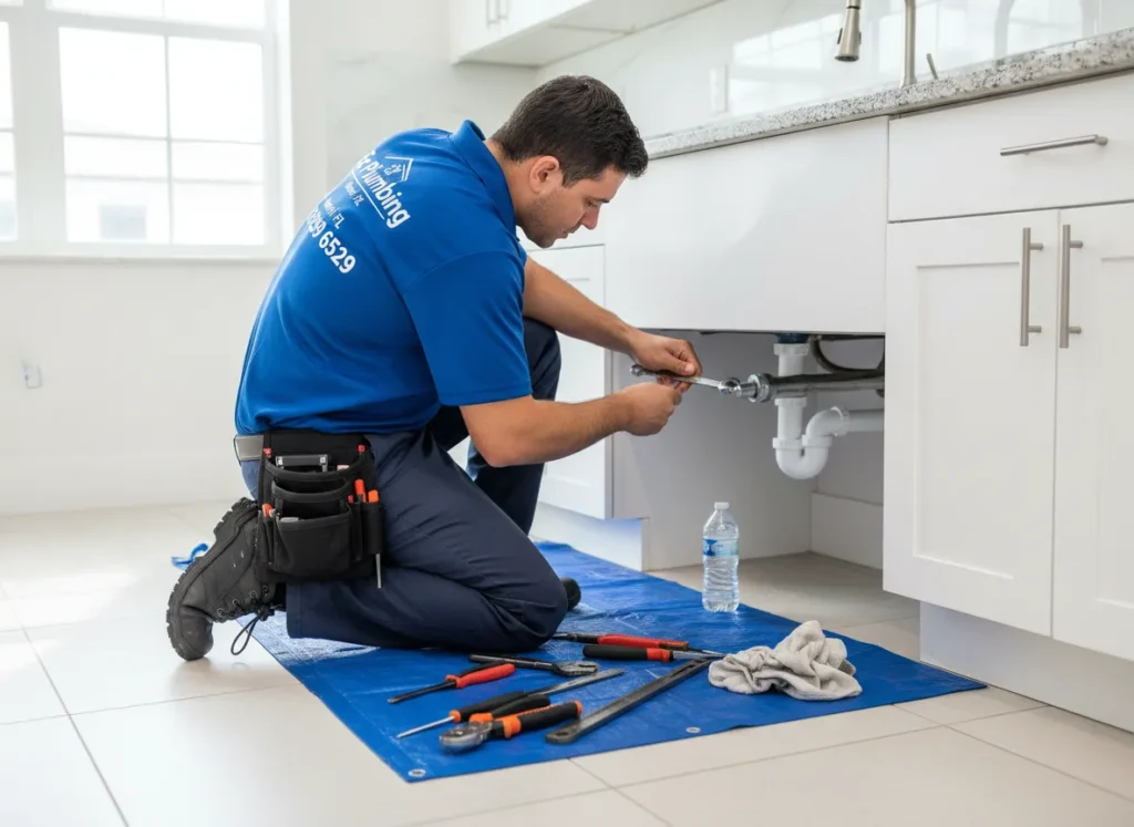 Ez Plumbing technician performing expert commercial sink plumbing repair and preventative maintenance for a business facility in Miami.