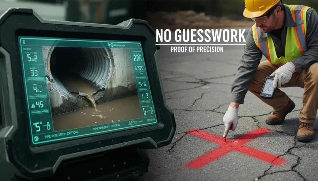 Plumbing technician using a high-tech sewer camera monitor to inspect a commercial main line before excavation.