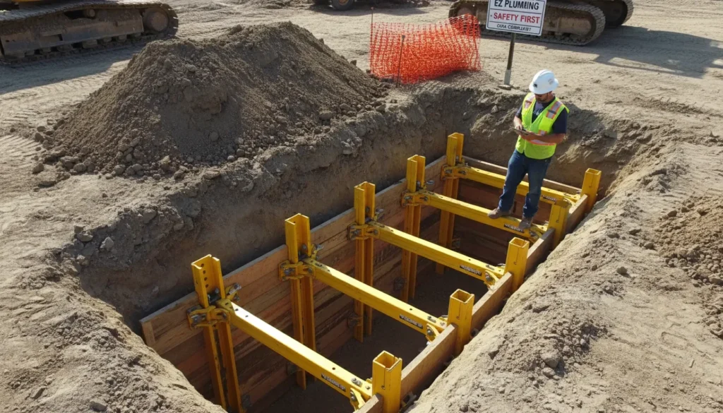 OSHA-compliant hydraulic trench shoring being installed by EZ Plumbing for a deep commercial sewer excavation in Miami-Dade.