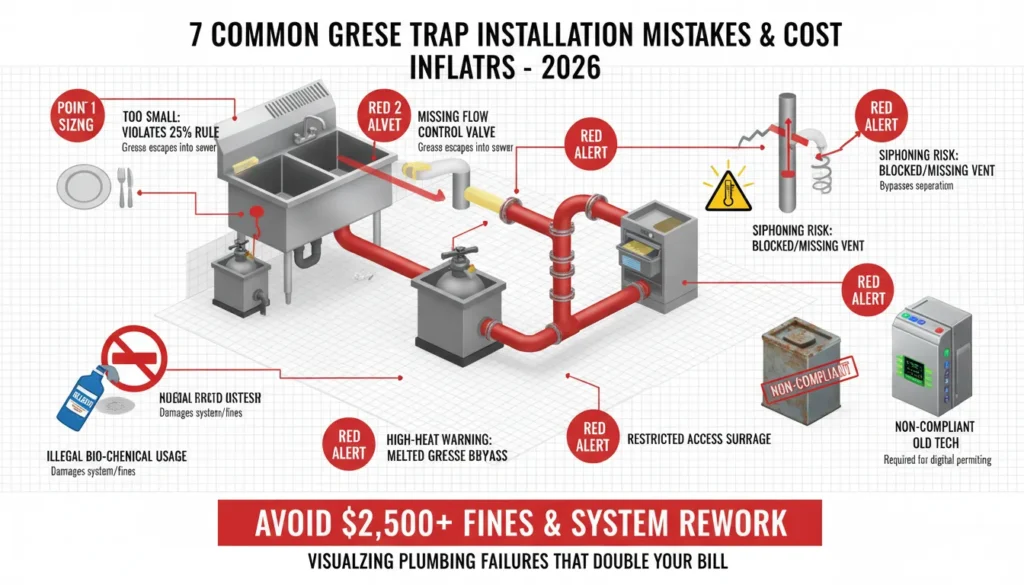 A technical infographic titled 7 Common Grease Trap Installation Mistakes, showing annotated plumbing errors like incorrect venting, missing flow control valves, and undersized units that lead to double installation costs and municipal fines.