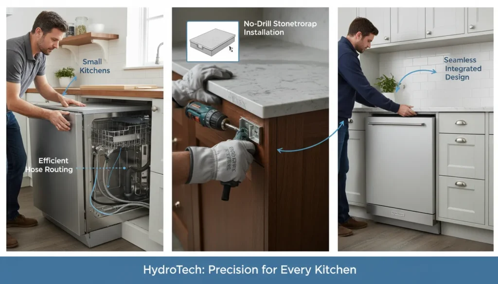 A professional plumber installing a dishwasher in a complex kitchen layout, showing side-mount brackets for stone countertops and a compact under-counter setup for small spaces.
