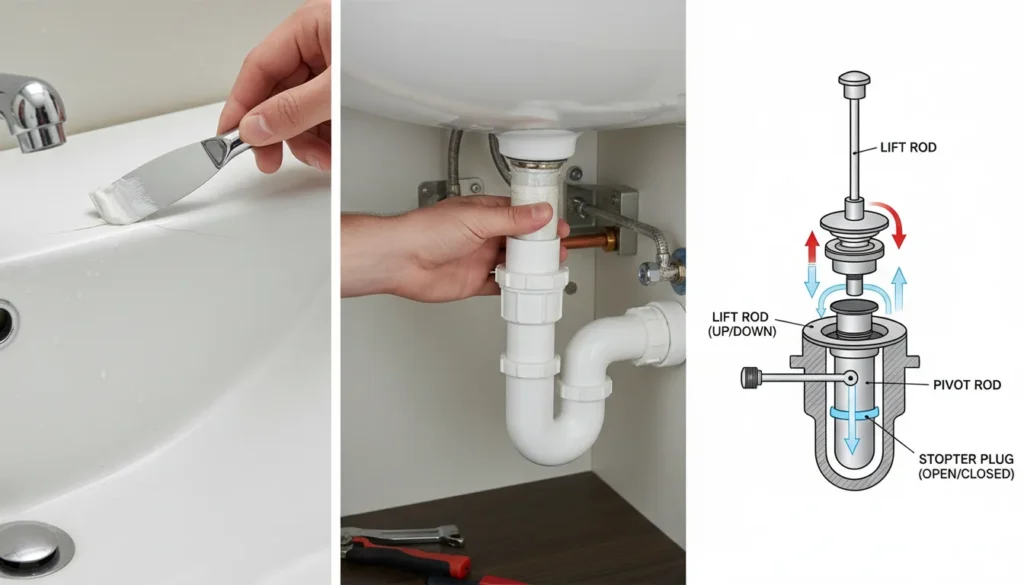 An infographic showing three steps: Applying epoxy to a porcelain chip, tightening a P-trap, and adjusting a sink stopper rod.