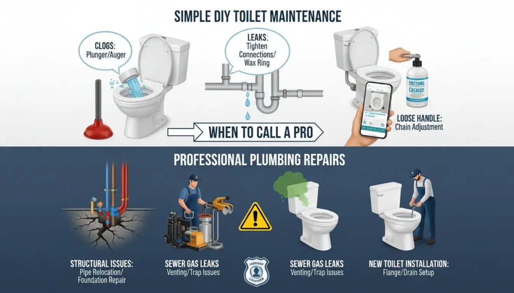 A comparison of DIY toilet repair tasks like flapper replacement versus professional plumbing services for wax ring and floor flange repair.