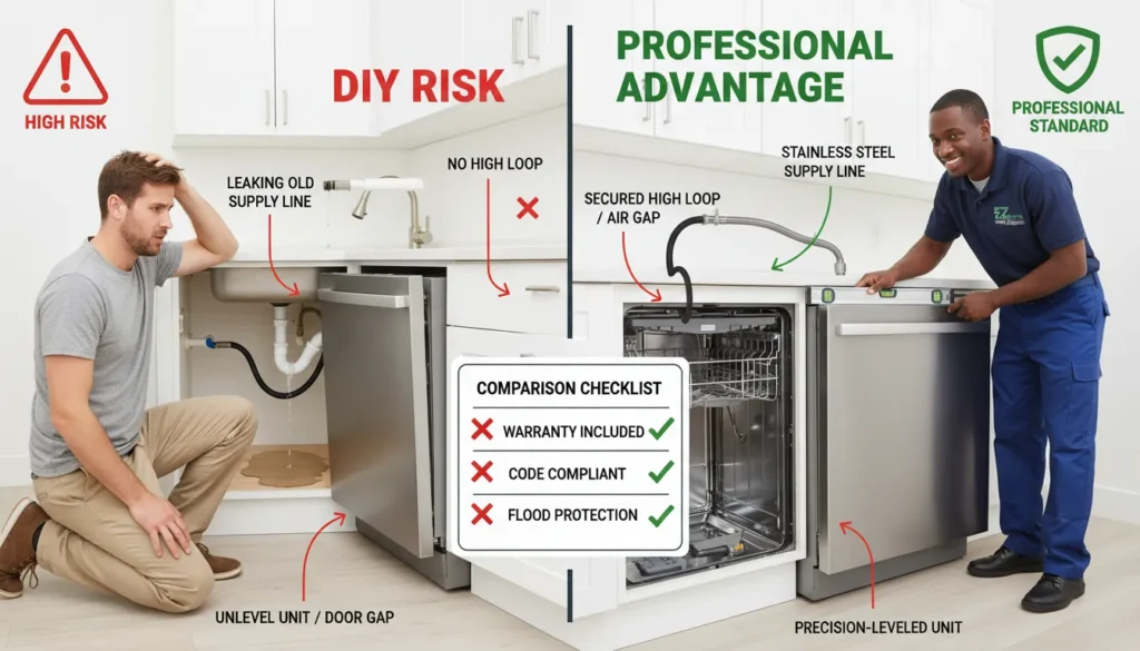 A side-by-side visual comparison showing a professional plumber correctly installing a dishwasher with a high-loop drain versus a common DIY mistake leading to a kitchen floor leak.