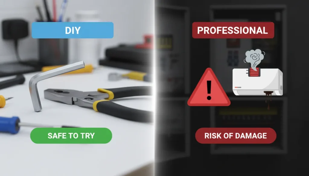 A comparison chart showing DIY maintenance tools versus professional plumbing repair signs like burning smells and bottom leaks.