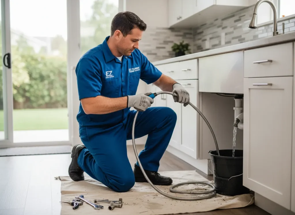 Ez Plumbing technician performing professional drain cleaning using a motorized snake in a Miami kitchen.