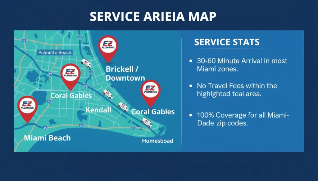 A detailed service area map for EZ Plumbing, highlighting primary coverage zones across Miami, Brickell, Coral Gables, Kendall, and Doral, with icons representing 24/7 availability in each neighborhood.