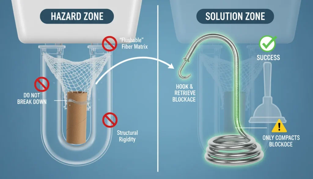 A side-by-side comparison showing a non-dissolved synthetic wipe and a structural cardboard tube lodged in a toilet trap, contrasted with a professional toilet auger tool for removal.