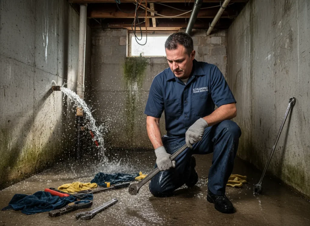 Emergency plumber in Miami from Ez Plumbing Repair Services fixing a burst pipe in a flooded basement.