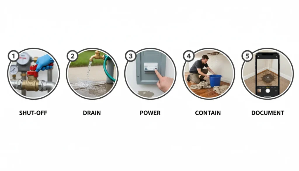 A five-step infographic showing how to stop a water leak: shutting off the main valve, draining pipes, cutting electrical power, containing water with buckets, and documenting damage for insurance.