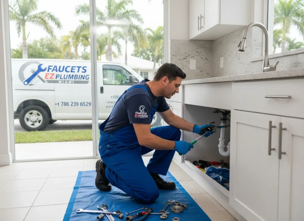 Ez Plumbing technician performing professional kitchen faucet repair and leak detection service for a residential home in Miami.
