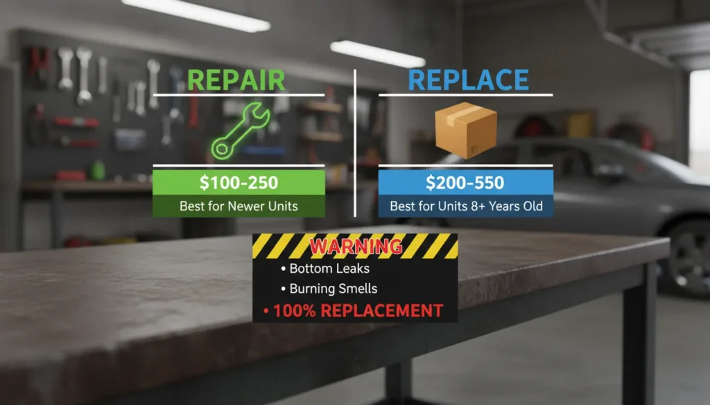 A comparison chart showing the costs and lifespans of repairing an old garbage disposal versus installing a new one.
