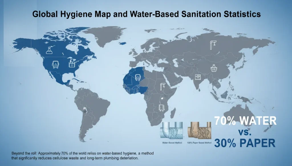 A high-resolution world map color-coded by sanitation methods, showing regions that prioritize water-based cleaning (bidets and sprays) versus regions that rely on paper-based disposal.