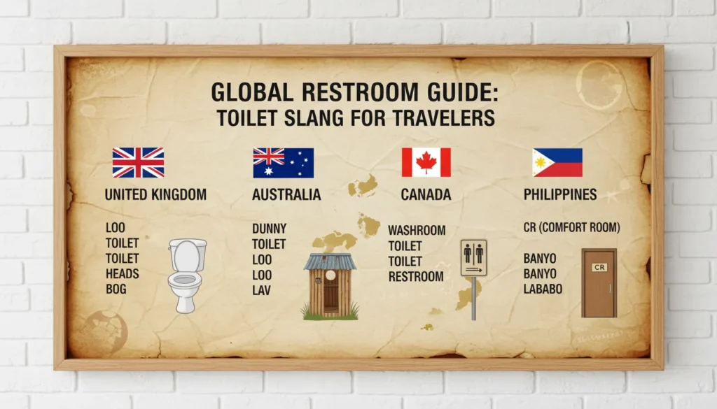 World map showing different toilet names like The Loo, Dunny, and Comfort Room