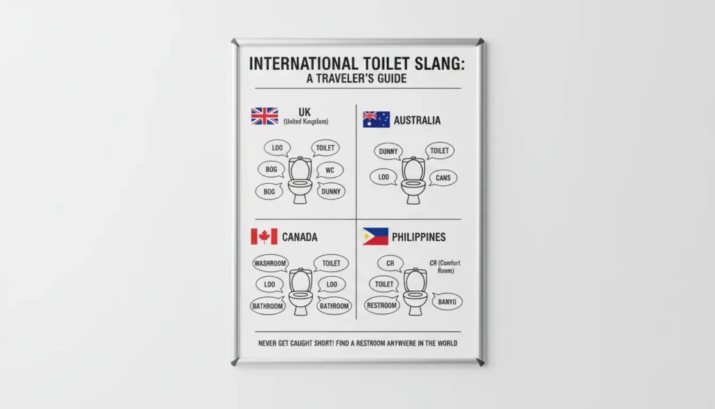 World map showing different toilet names like The Loo, Dunny, and Comfort Room