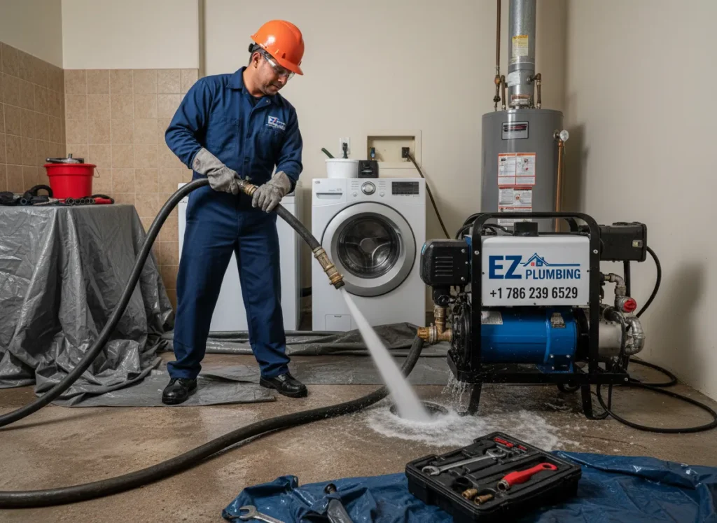 Ez Plumbing technician using high-pressure water jetting equipment to clear severe sewer line blockages for a Miami residential property.