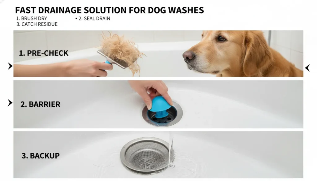 A high-resolution photograph showcasing the three essential steps to block dog hair: a dry slicker brush for pre-grooming, a silicone TubShroom hair catcher being inserted, and a secondary fine-mesh drain strainer.