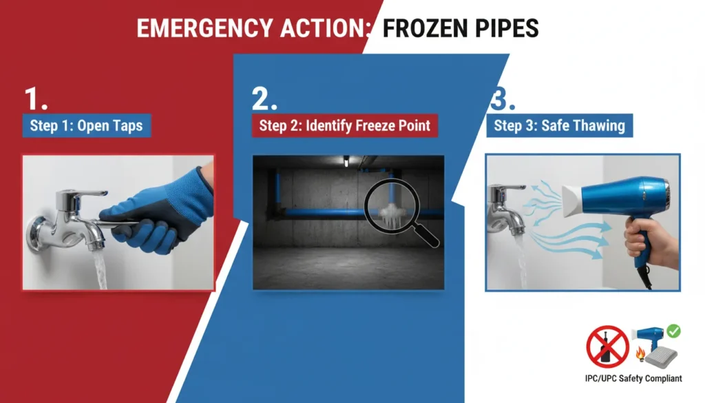 A professional infographic showing three critical steps to save frozen pipes: opening the faucet, locating the freeze point on an exterior wall pipe, and applying heat with a hairdryer.