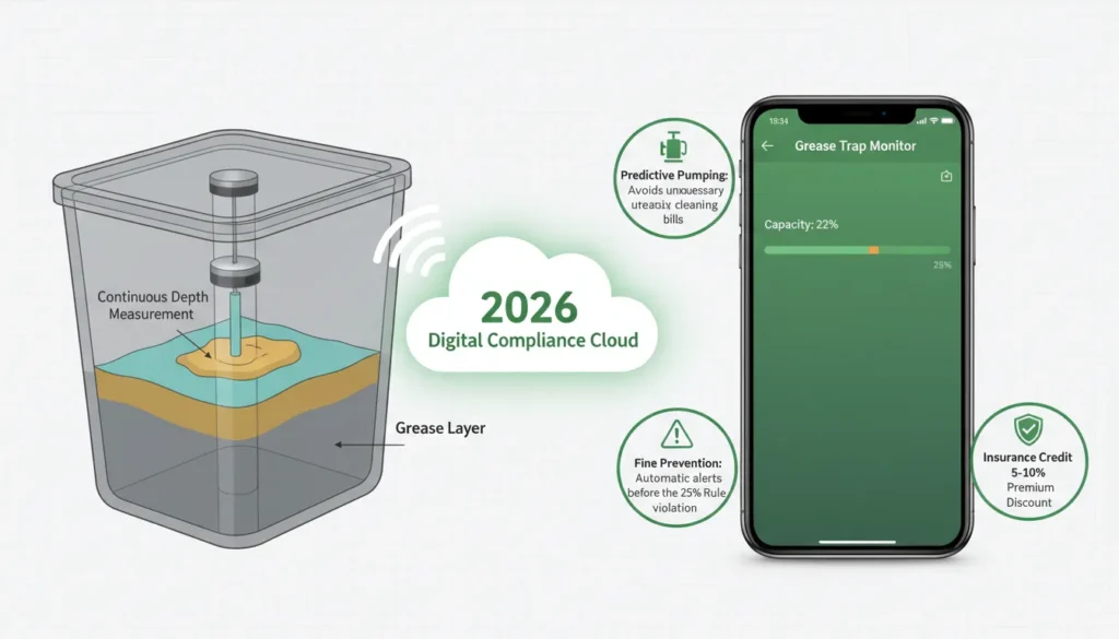 A technical diagram showing an IoT smart sensor installed in a grease trap, connected to a mobile app for real-time monitoring of grease levels to prevent overflows and reduce maintenance costs.
