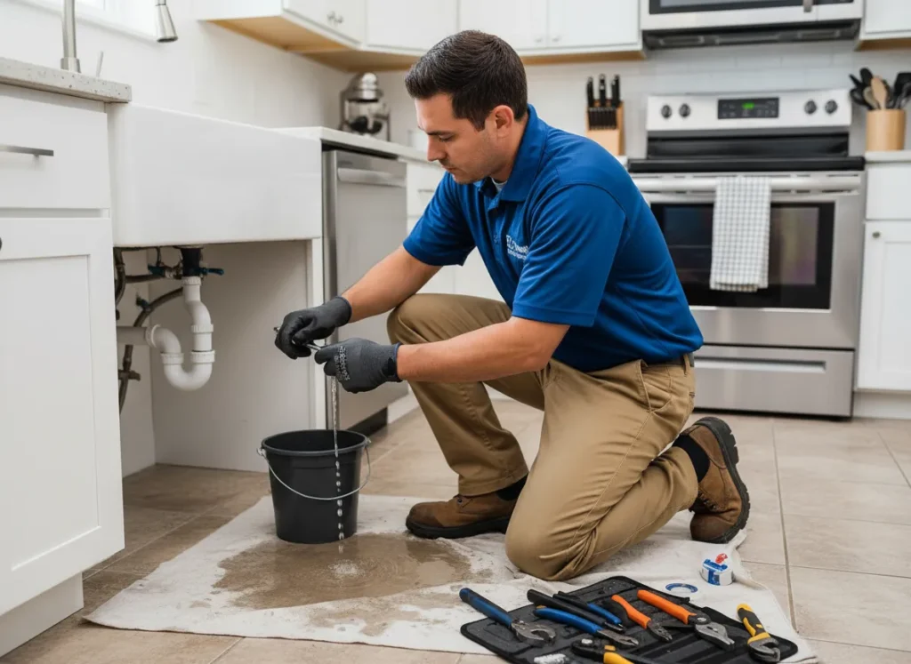 Ez Plumbing Repair Services technician fixing a water leak under a kitchen sink in Miami, FL.