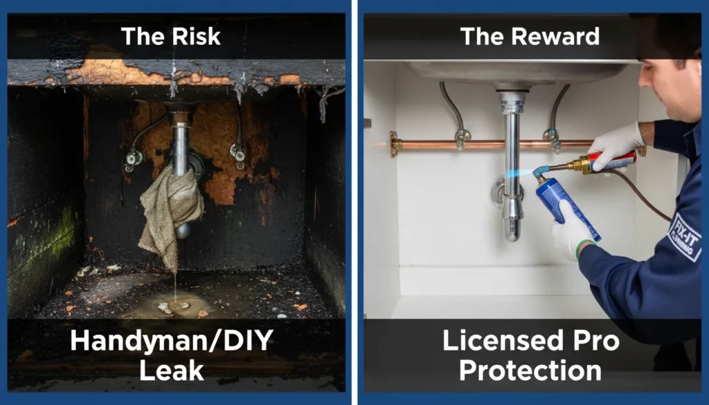 A side-by-side comparison showing a professional plumber using a leak-detection tool versus common water damage caused by improper sink sealing.