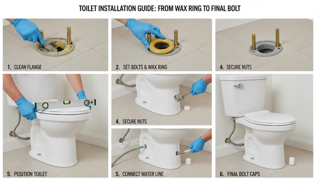 Detailed view of a toilet wax ring and closet bolts being prepared for a new professional toilet installation.