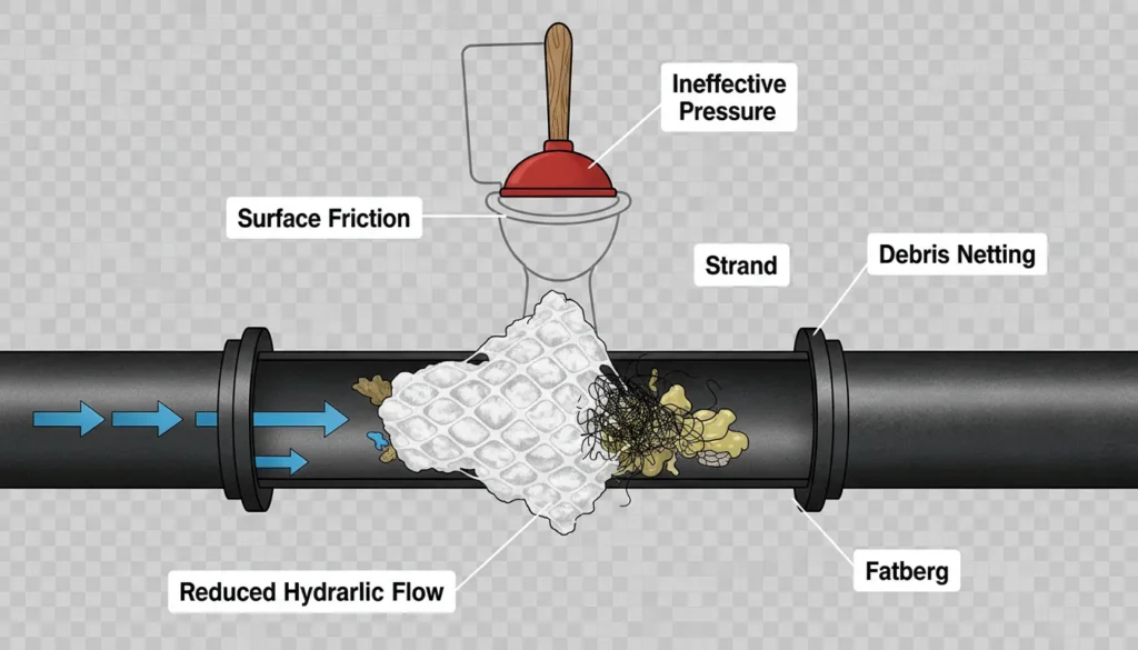A cross-section of a residential sewer pipe showing undissolved toilet paper snagged on a rough joint, capturing waste and causing a structural blockage.