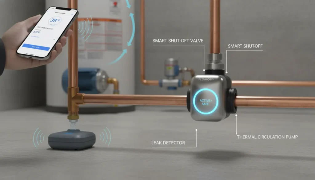 A high-tech plumbing setup featuring an automatic Wi-Fi shut-off valve, smart leak sensors, and a thermal circulation pump integrated with a smartphone monitoring app.