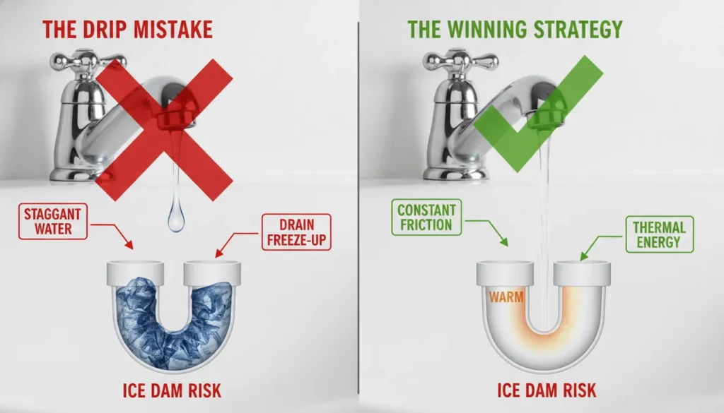 A side-by-side comparison of a kitchen faucet showing a slow water drip versus a steady pencil-sized stream of water to prevent pipes from freezing.