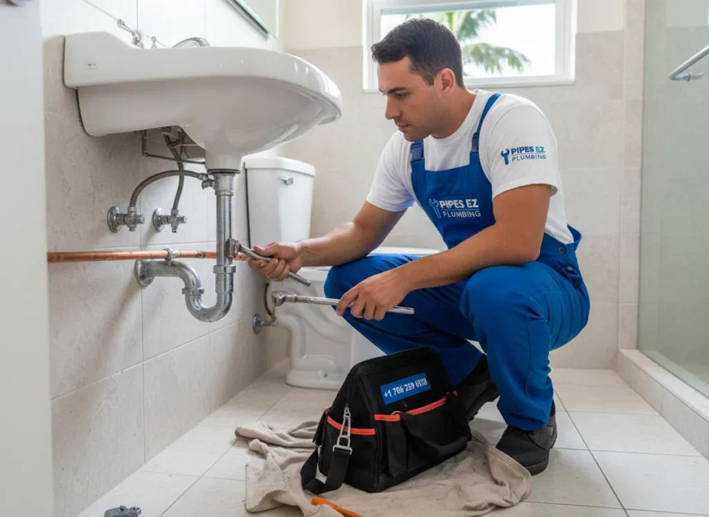 Ez Plumbing technician performing professional bathroom pipe repair and drain trap maintenance for a Miami residential client.