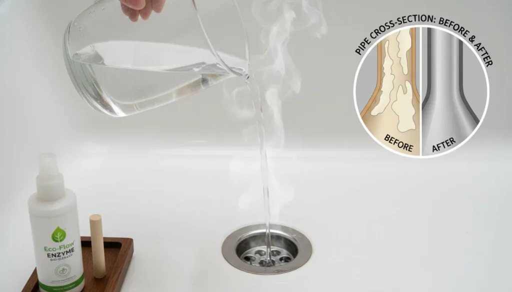 A person pouring a mixture of very hot water and enzymatic cleaner into a bathtub drain after a dog bath to dissolve soap scum and organic residue.