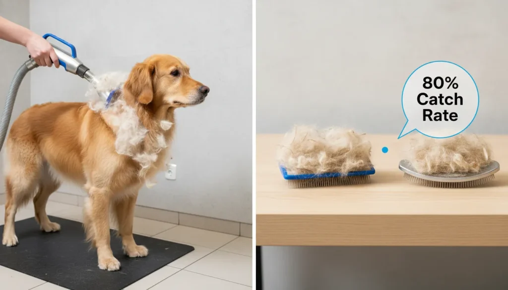 A split-view image showing a de-shedding vacuum attachment removing loose undercoat fur and a professional slicker brush piled with extracted hair next to a dog, demonstrating dry pre-bath grooming.