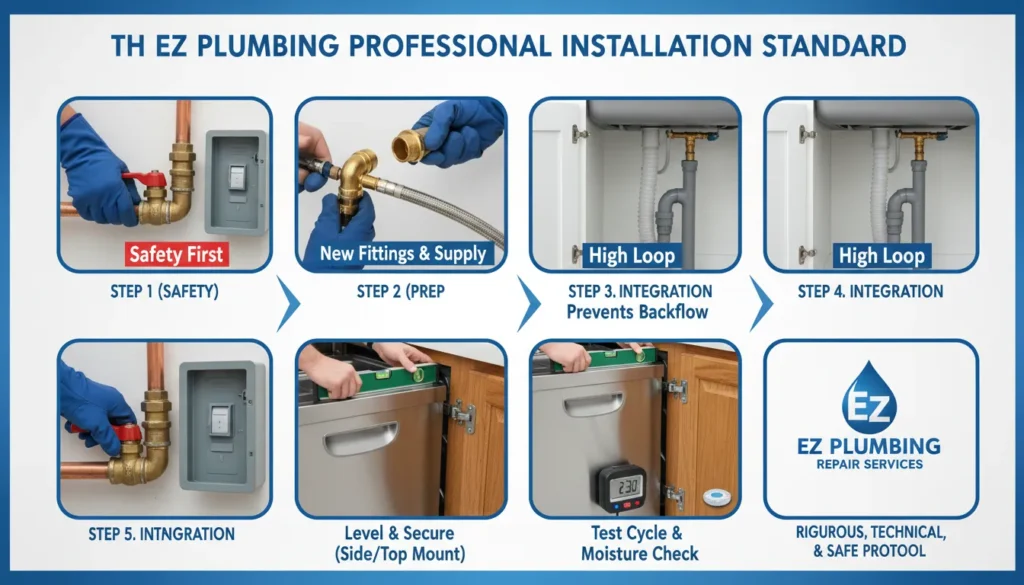 A high-quality infographic displaying the professional dishwasher installation process, including pre-install safety checks, water line connections with a high loop, electrical wiring, and a final leak test by a licensed plumber.